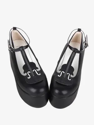 Sweet Lolita Footwear Black T-Strap PU Leather Wedge Heel Lolita Shoes