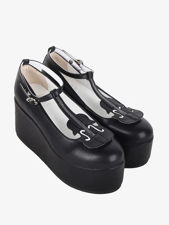 Sweet Lolita Footwear Black T-Strap PU Leather Wedge Heel Lolita Shoes