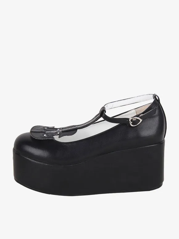 Sweet Lolita Footwear Black T-Strap PU Leather Wedge Heel Lolita Shoes
