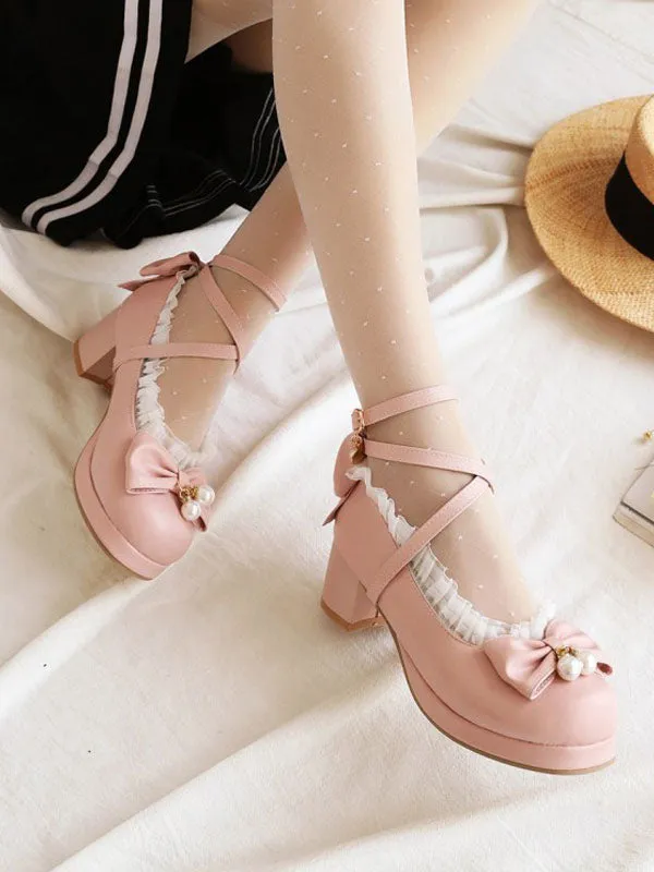 Sweet Lolita Footwear Bows Ruffles PU Leather Chunky Heel Lolita Pumps