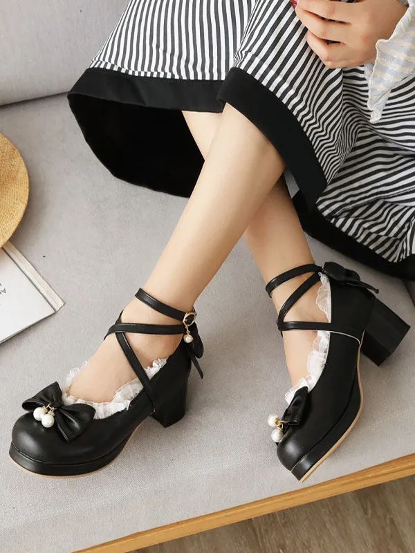 Sweet Lolita Footwear Bows Ruffles PU Leather Chunky Heel Lolita Pumps