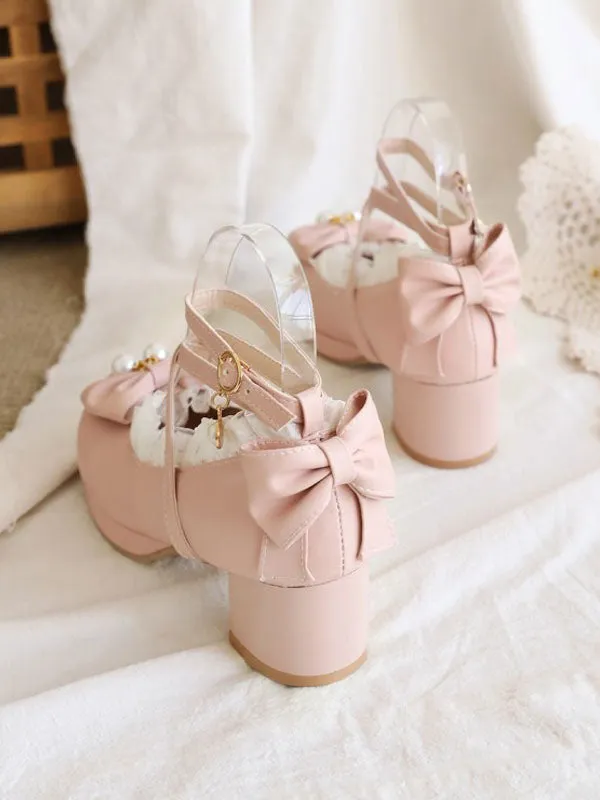 Sweet Lolita Footwear Bows Ruffles PU Leather Chunky Heel Lolita Pumps