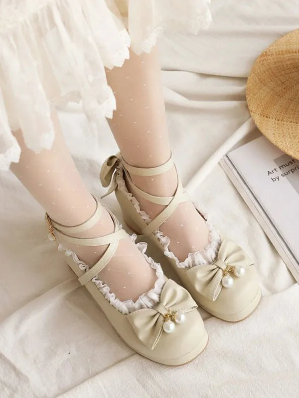 Sweet Lolita Footwear Bows Ruffles PU Leather Chunky Heel Lolita Pumps