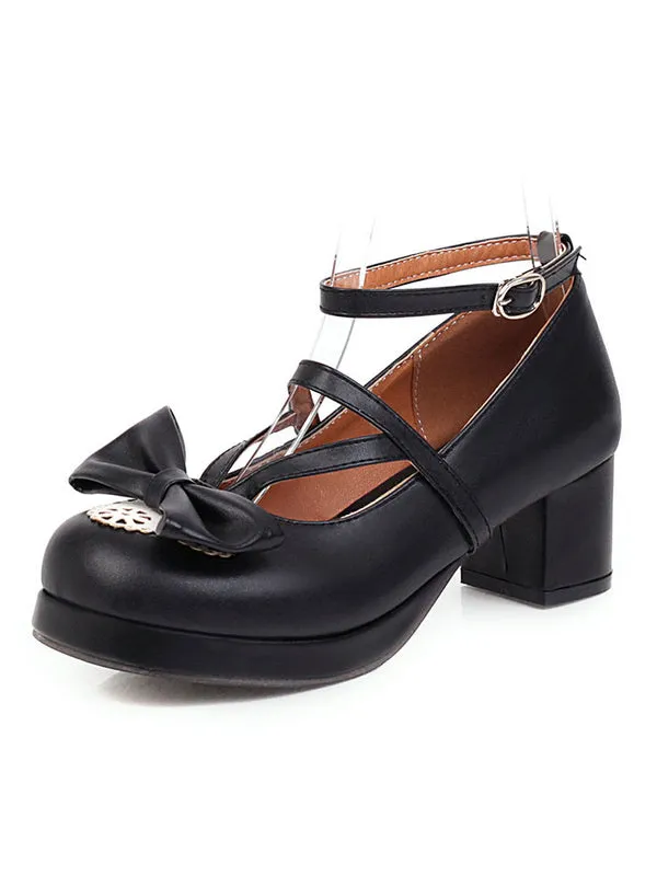 Sweet Lolita Footwear Pink Bow Bows Round Toe PU Leather Lolita Pumps