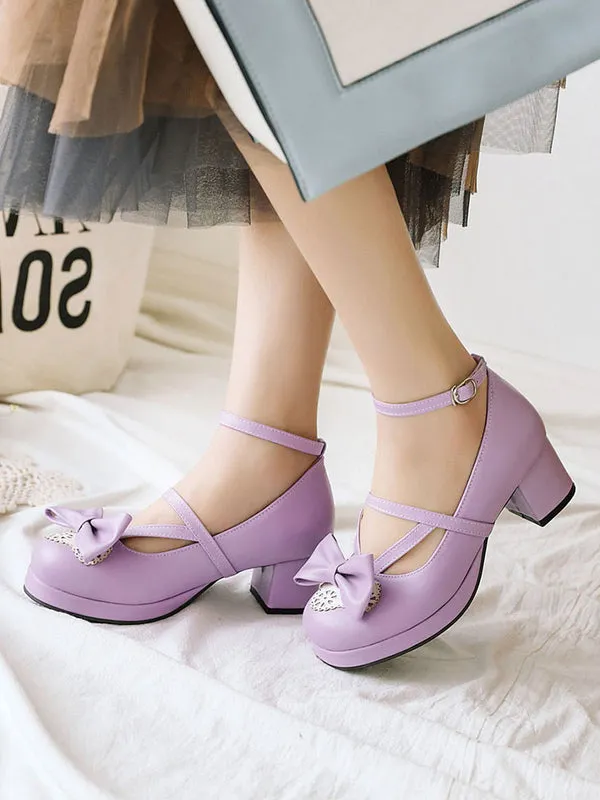 Sweet Lolita Footwear Pink Bow Bows Round Toe PU Leather Lolita Pumps
