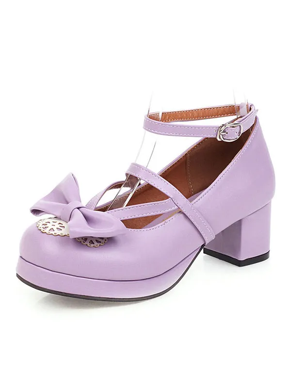 Sweet Lolita Footwear Pink Bow Bows Round Toe PU Leather Lolita Pumps