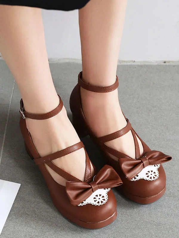 Sweet Lolita Footwear Pink Bow Bows Round Toe PU Leather Lolita Pumps