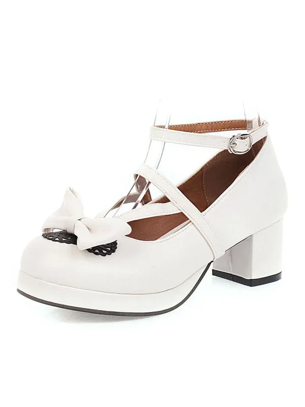 Sweet Lolita Footwear Pink Bow Bows Round Toe PU Leather Lolita Pumps