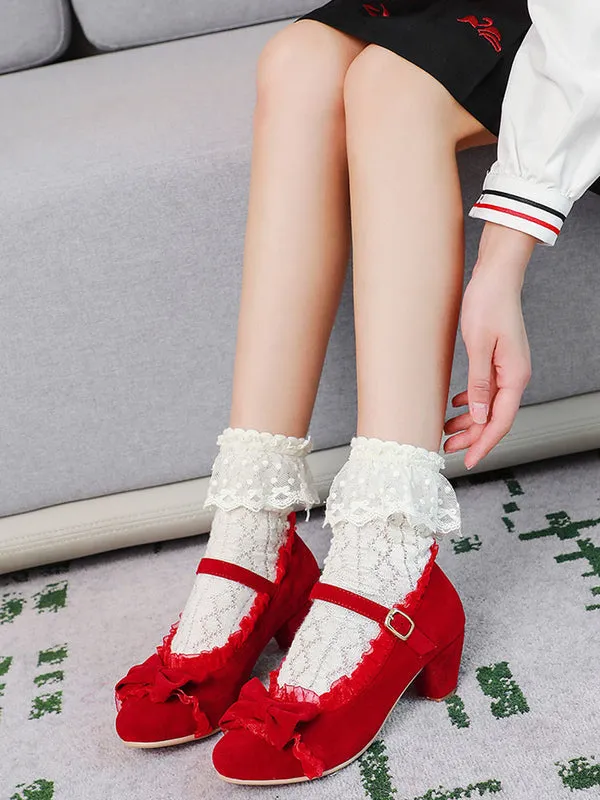 Sweet Lolita Footwear Pink Ruffles Bows Round Toe Suede Nap Lolita Shoes