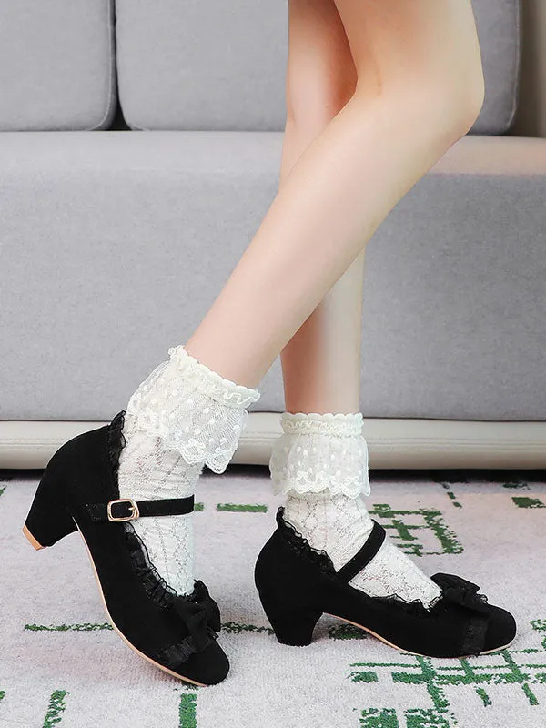 Sweet Lolita Footwear Pink Ruffles Bows Round Toe Suede Nap Lolita Shoes
