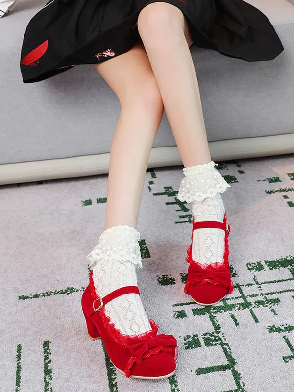 Sweet Lolita Footwear Pink Ruffles Bows Round Toe Suede Nap Lolita Shoes