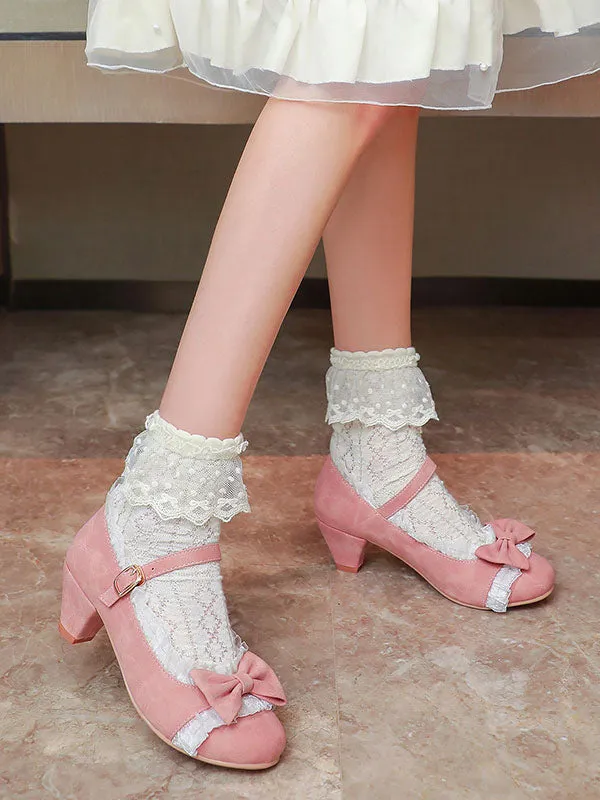 Sweet Lolita Footwear Pink Ruffles Bows Round Toe Suede Nap Lolita Shoes