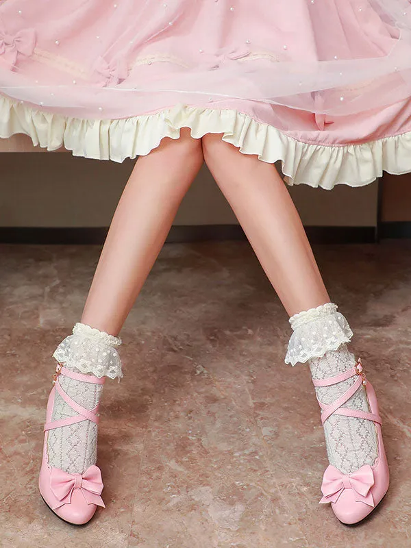 Sweet Lolita Footwear White Bows PU Leather Prism Heel Lolita Shoes