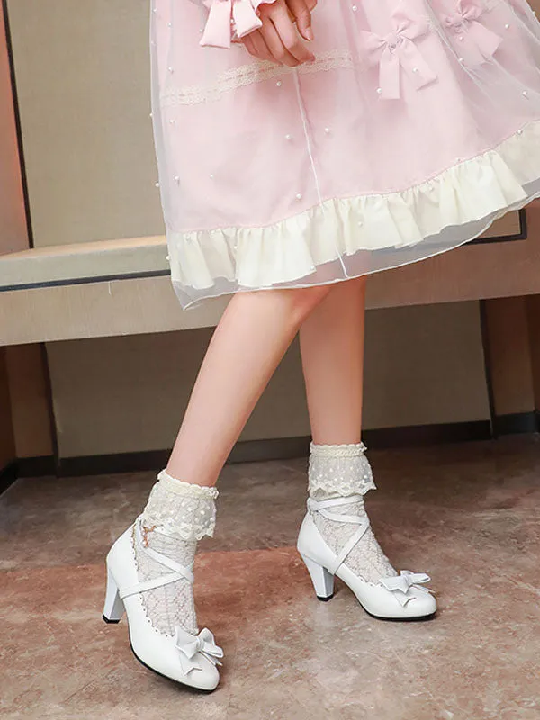 Sweet Lolita Footwear White Bows PU Leather Prism Heel Lolita Shoes