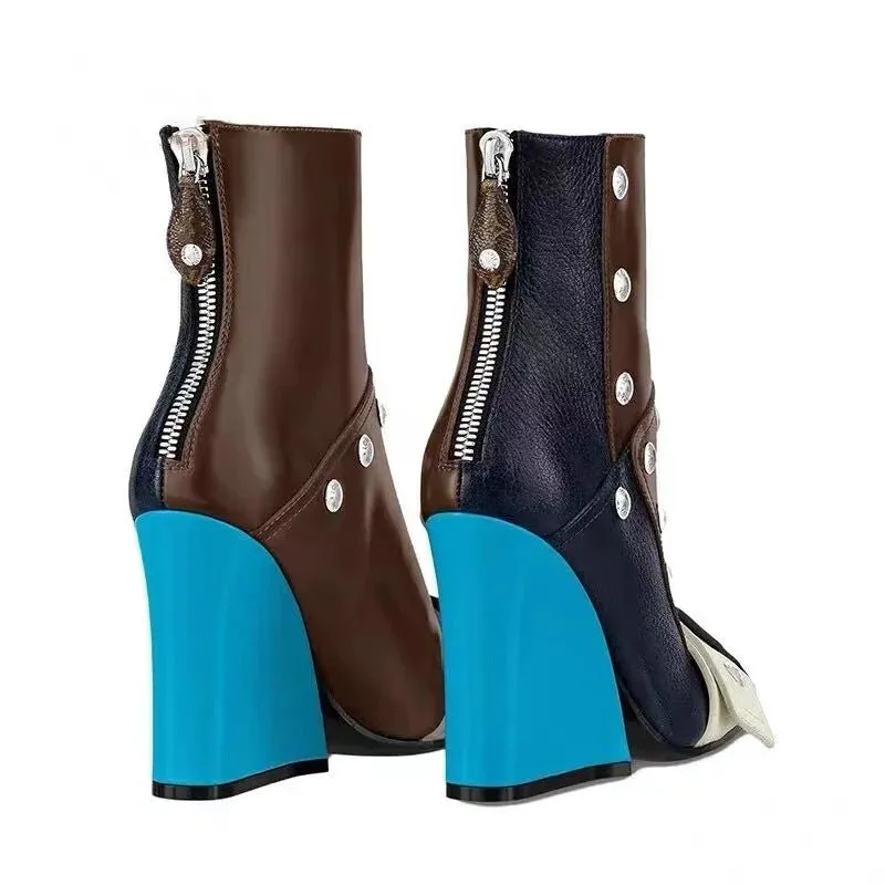 Thick Soled Slope Heel Short Boots Sexy Side Zipper High Heel  Women's Shoes
