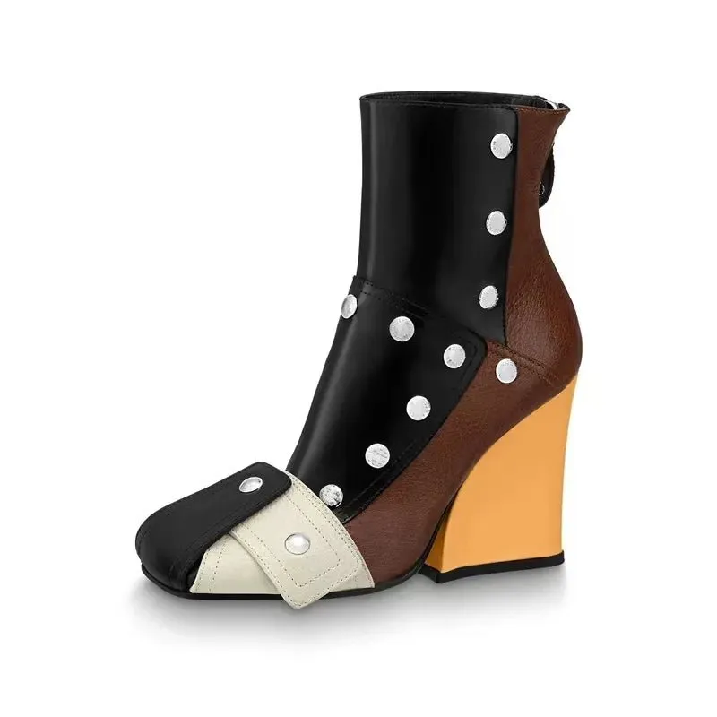 Thick Soled Slope Heel Short Boots Sexy Side Zipper High Heel  Women's Shoes