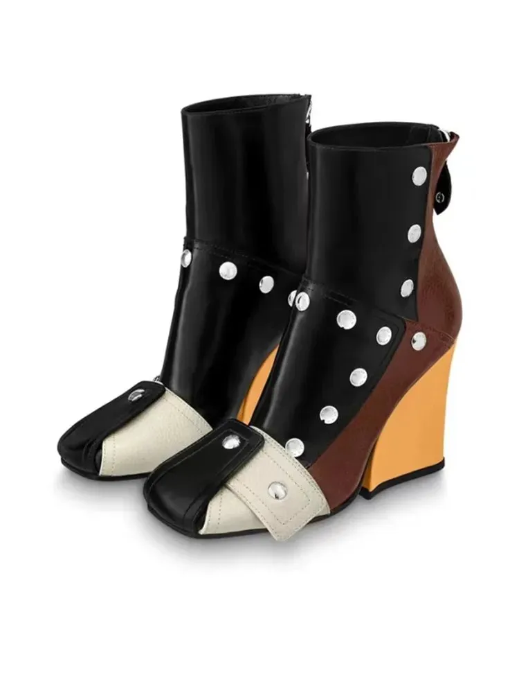 Thick Soled Slope Heel Short Boots Sexy Side Zipper High Heel  Women's Shoes