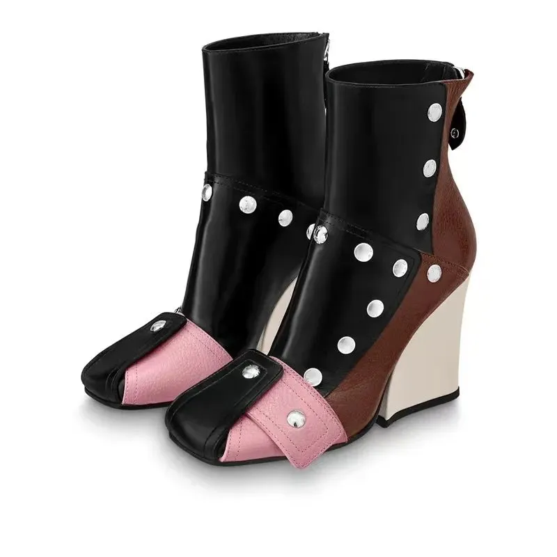 Thick Soled Slope Heel Short Boots Sexy Side Zipper High Heel  Women's Shoes