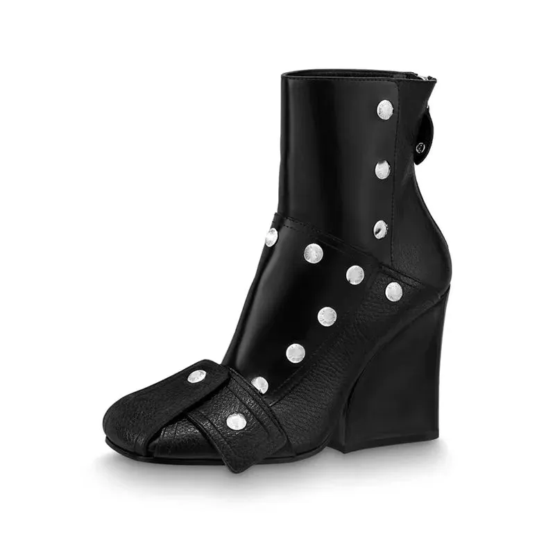 Thick Soled Slope Heel Short Boots Sexy Side Zipper High Heel  Women's Shoes
