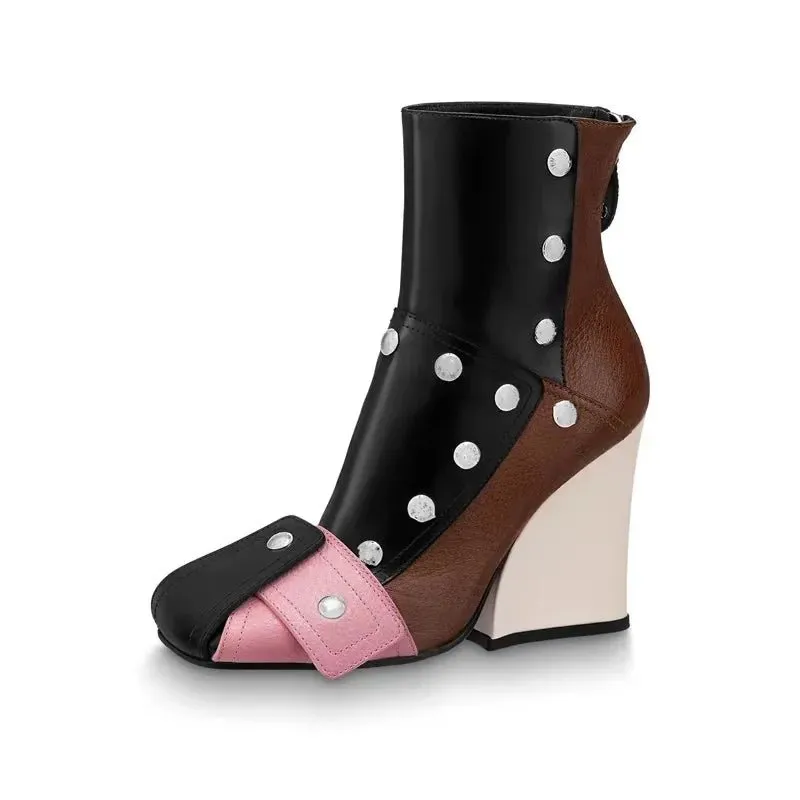 Thick Soled Slope Heel Short Boots Sexy Side Zipper High Heel  Women's Shoes