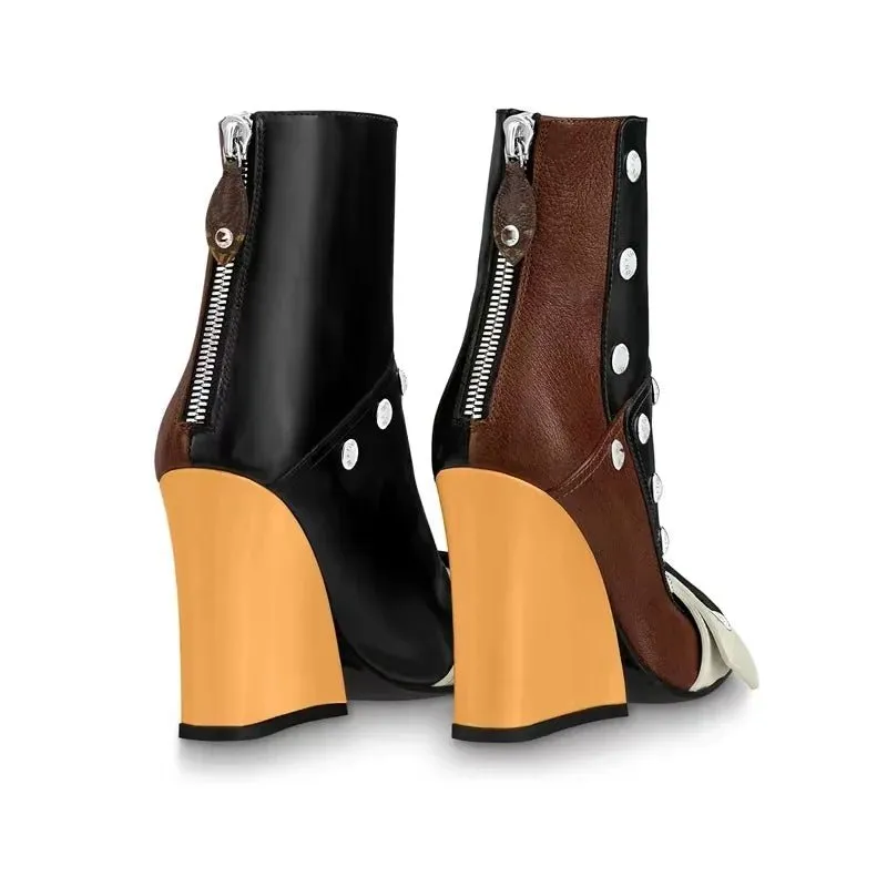 Thick Soled Slope Heel Short Boots Sexy Side Zipper High Heel  Women's Shoes