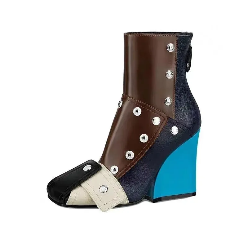 Thick Soled Slope Heel Short Boots Sexy Side Zipper High Heel  Women's Shoes