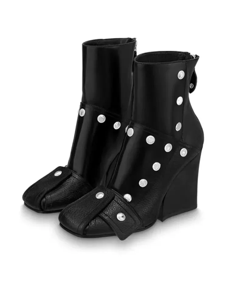 Thick Soled Slope Heel Short Boots Sexy Side Zipper High Heel  Women's Shoes