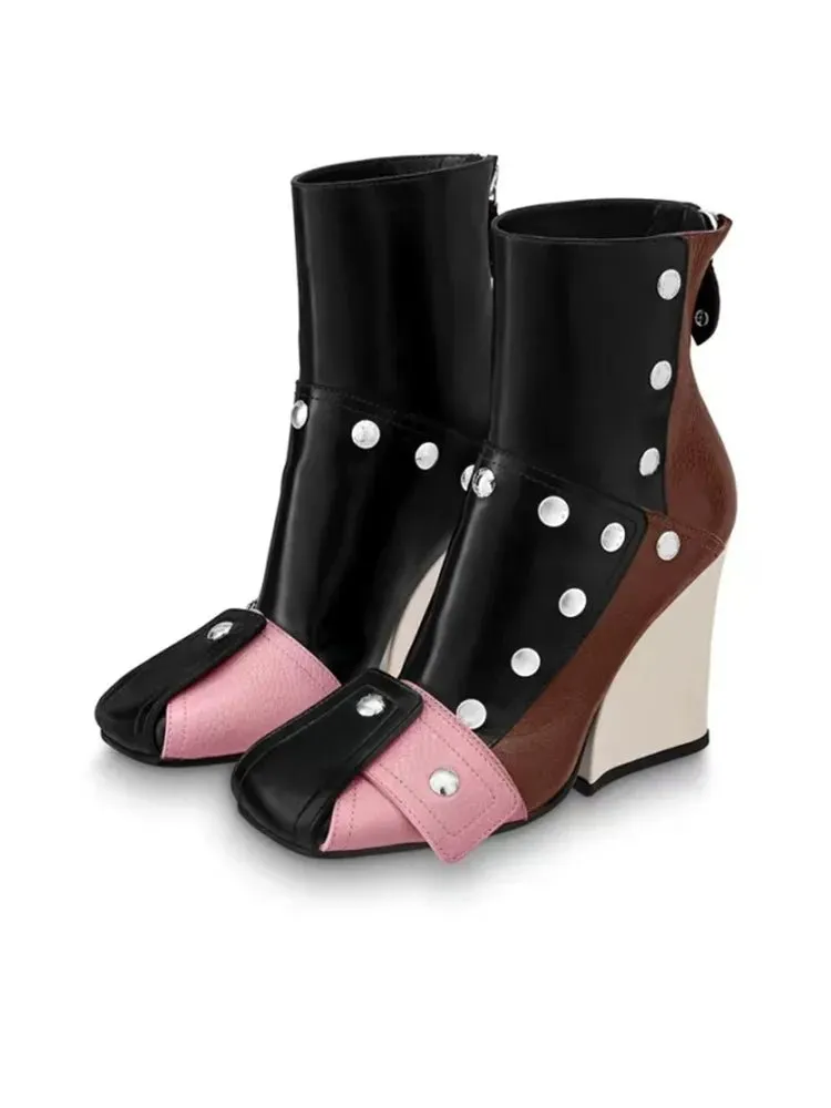 Thick Soled Slope Heel Short Boots Sexy Side Zipper High Heel  Women's Shoes