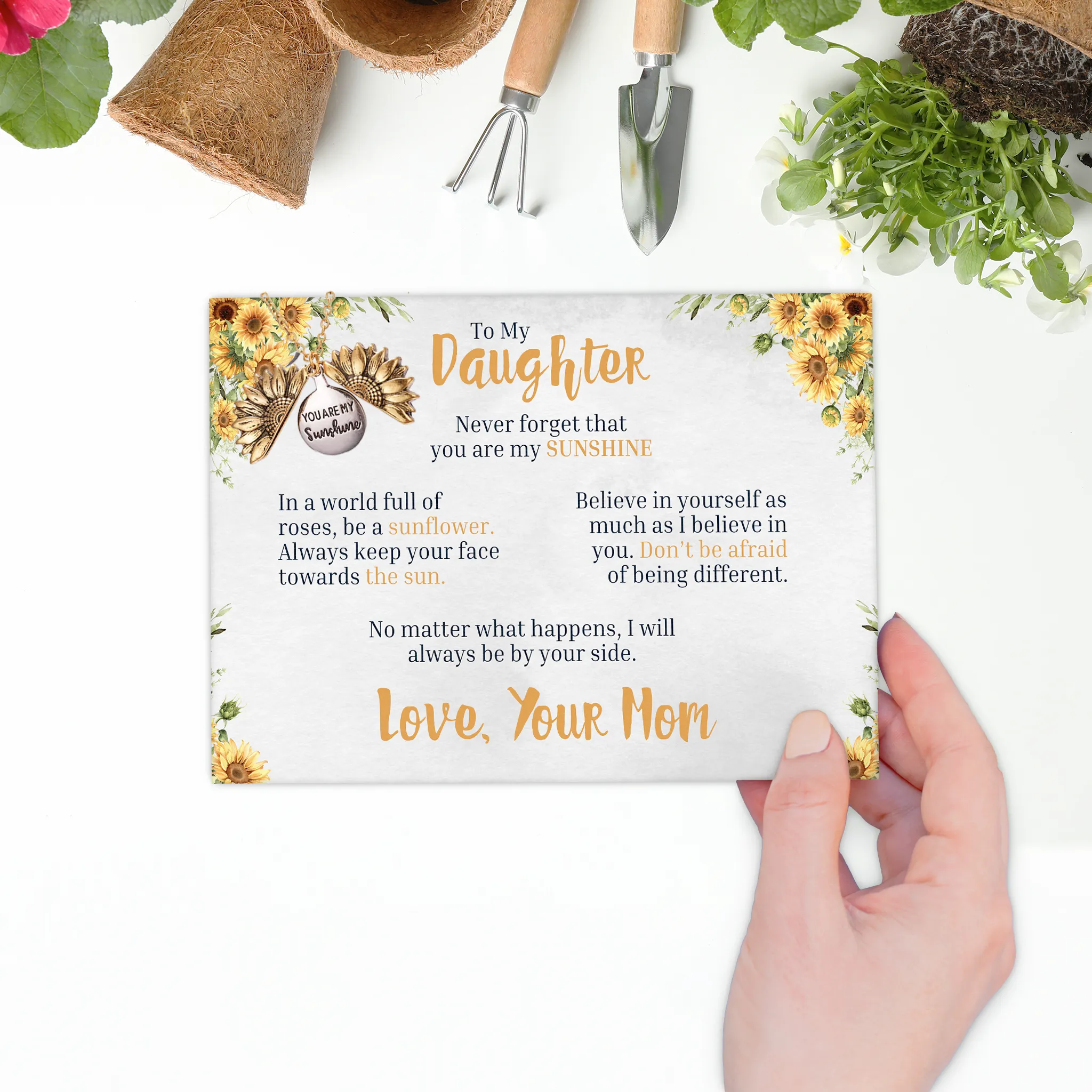 To My Daughter - You Are My Sunshine - Love Mom - Canvas Message Card With Sunflower Necklace - PRICE INCLUDES FREE SHIPPING
