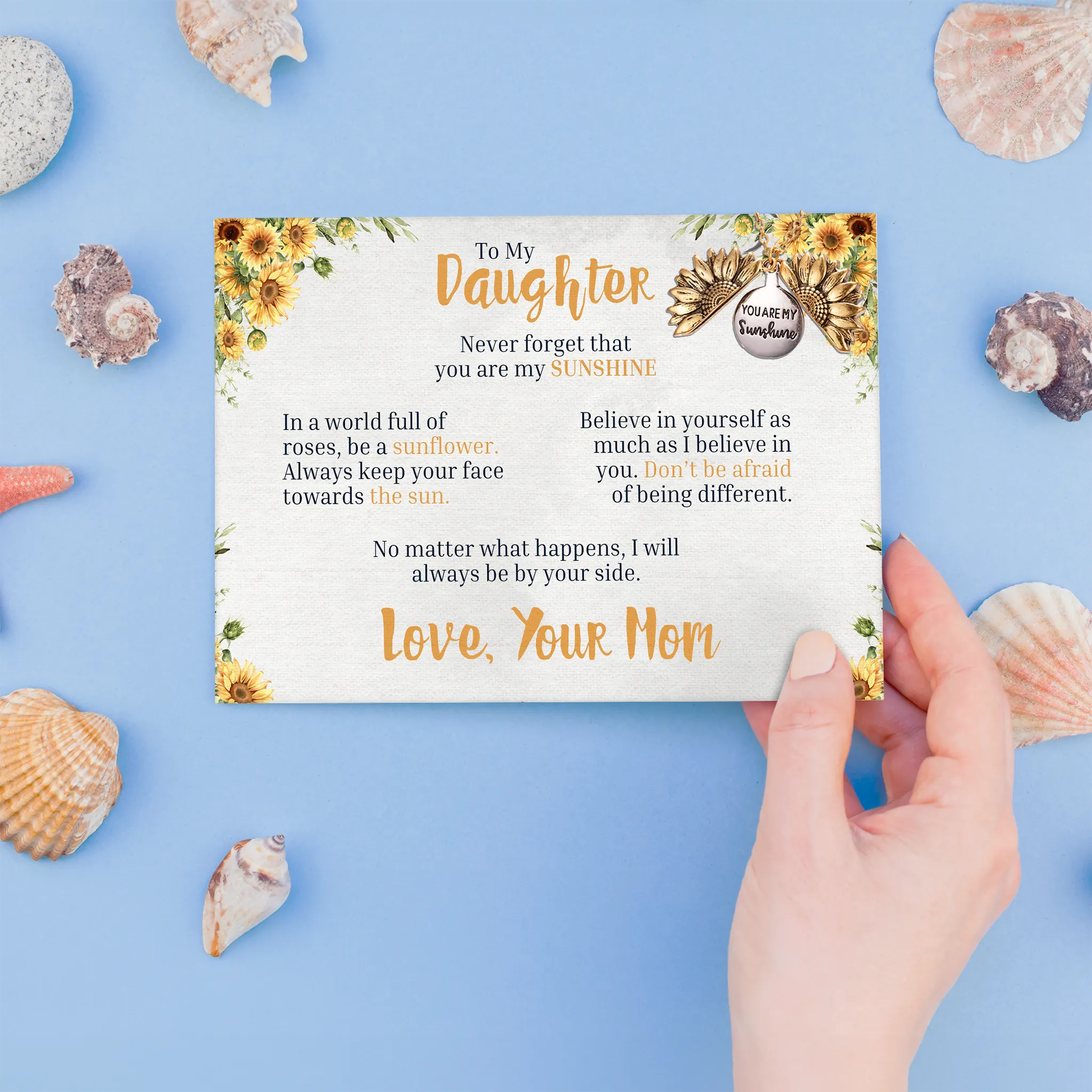 To My Daughter - You Are My Sunshine - Love Mom - Canvas Message Card With Sunflower Necklace - PRICE INCLUDES FREE SHIPPING