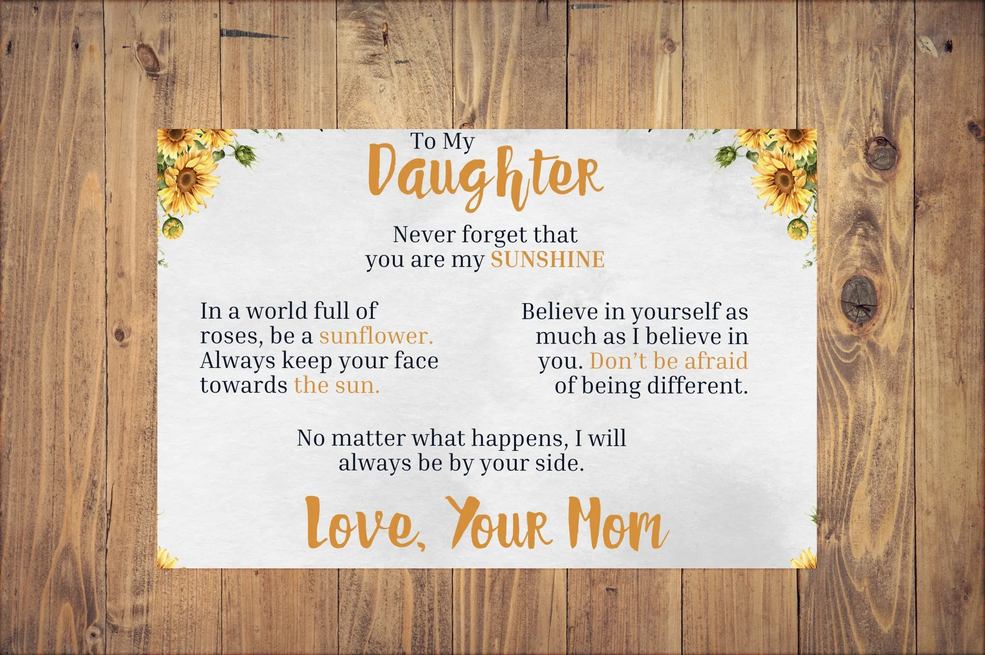 To My Daughter - You Are My Sunshine - Love Mom - Canvas Message Card With Sunflower Necklace - PRICE INCLUDES FREE SHIPPING