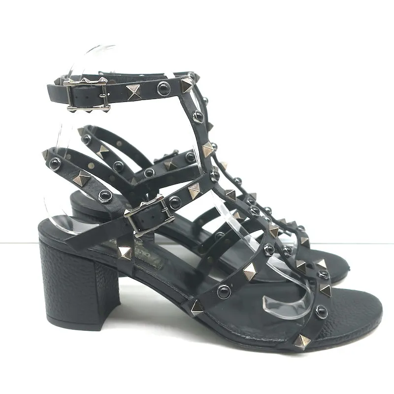 Valentino Rolling Rockstud Caged Ankle Sandals Black Grained Leather Size 36