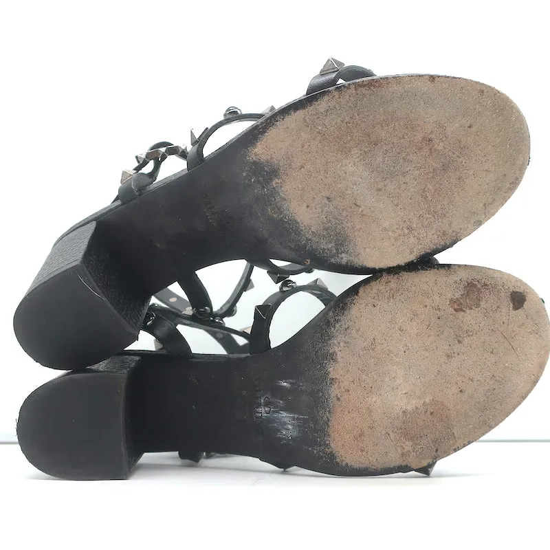 Valentino Rolling Rockstud Caged Ankle Sandals Black Grained Leather Size 36