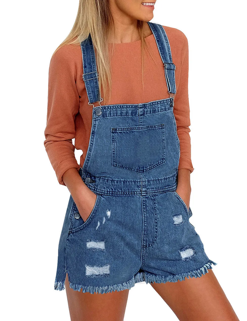 Vetinee Women's Classic Adjustable Straps Cuffed Hem Denim Bib Overalls Shorts
