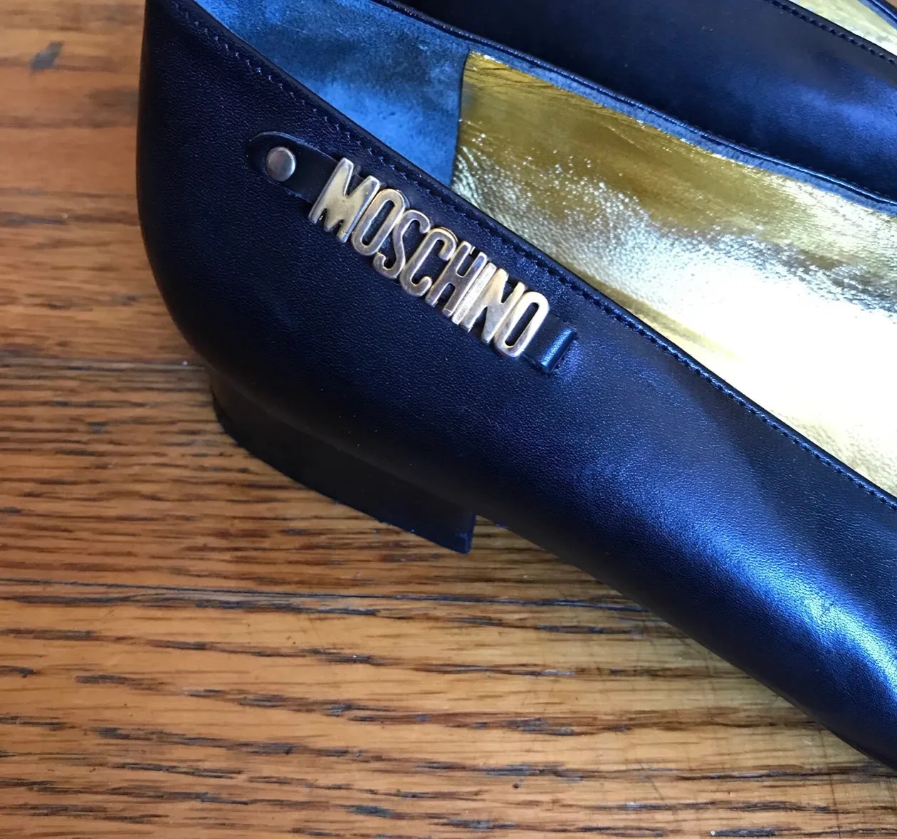 Vintage Moschino Black leather Heels With Gold Lettering