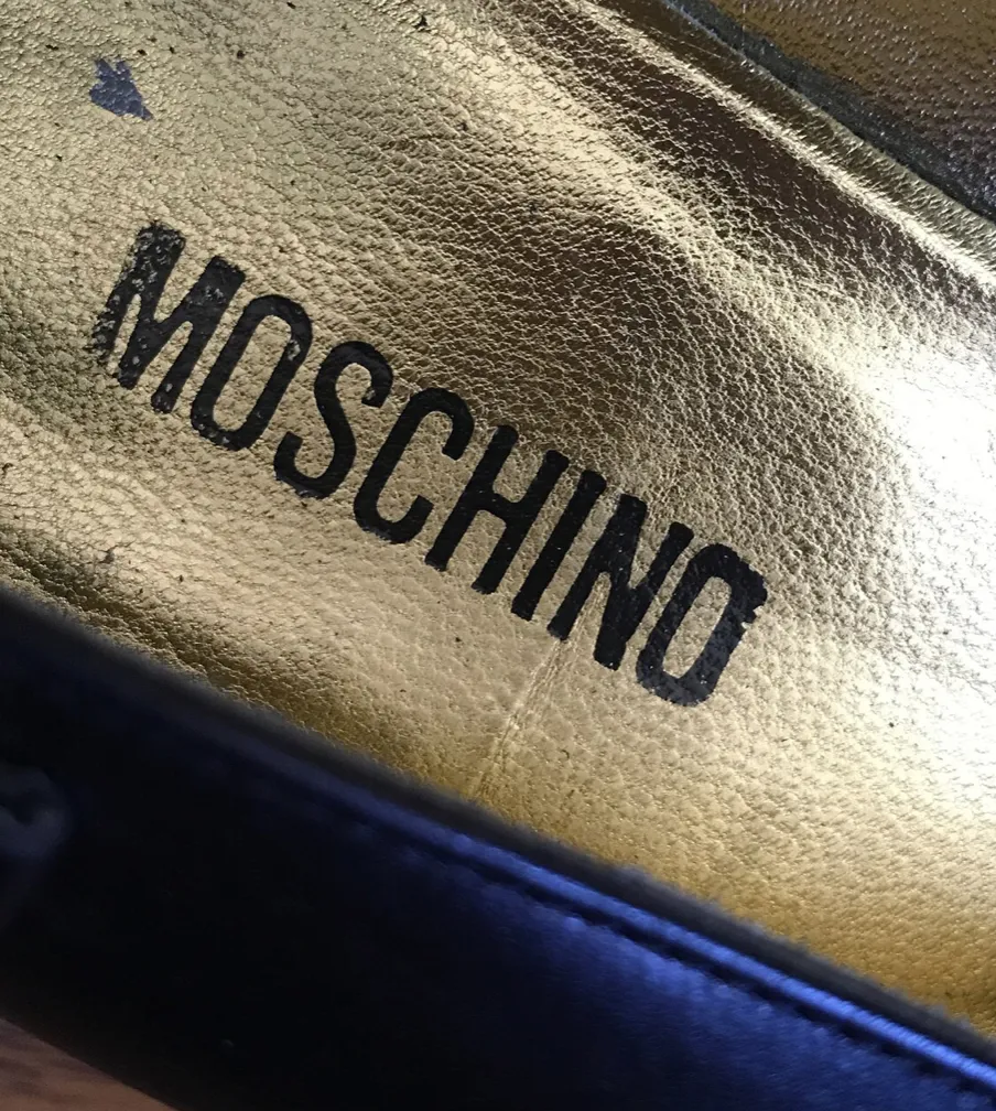 Vintage Moschino Black leather Heels With Gold Lettering