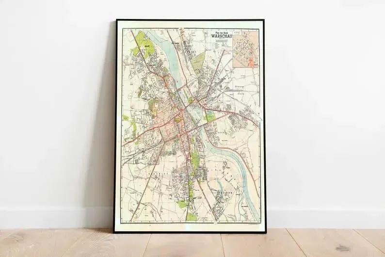 Warsaw City Map Wall Print| Framed Map Wall Decor