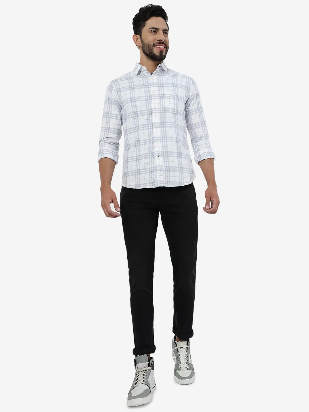 White Checked Slim Fit Casual Shirt | Greenfibre