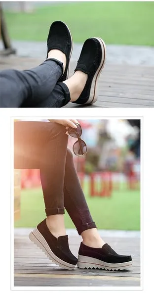 Women flat shoes thick soled platform shoes leather suede casual shoes slip on flats creepers