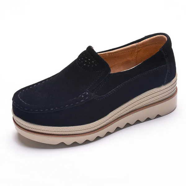Women flat shoes thick soled platform shoes leather suede casual shoes slip on flats creepers