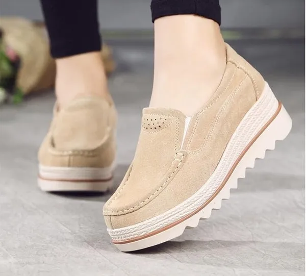 Women flat shoes thick soled platform shoes leather suede casual shoes slip on flats creepers
