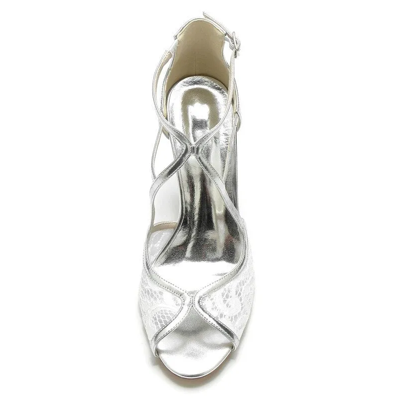 Women Open Toe Buckle Strap Lace Patent Leather Sandal