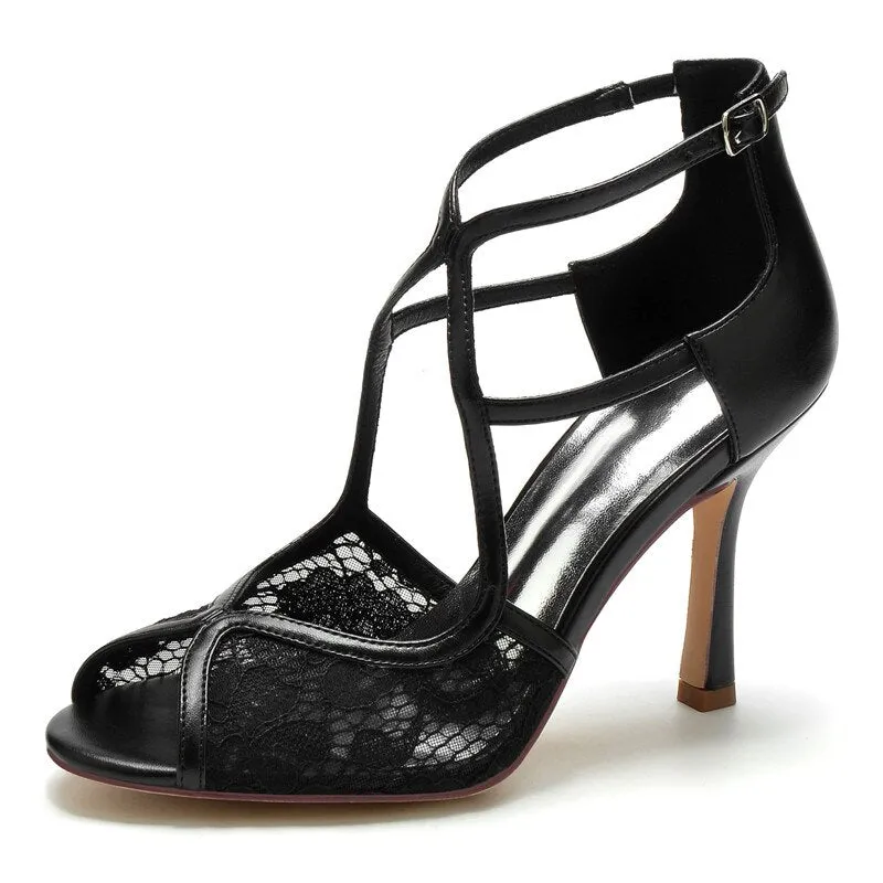 Women Open Toe Buckle Strap Lace Patent Leather Sandal