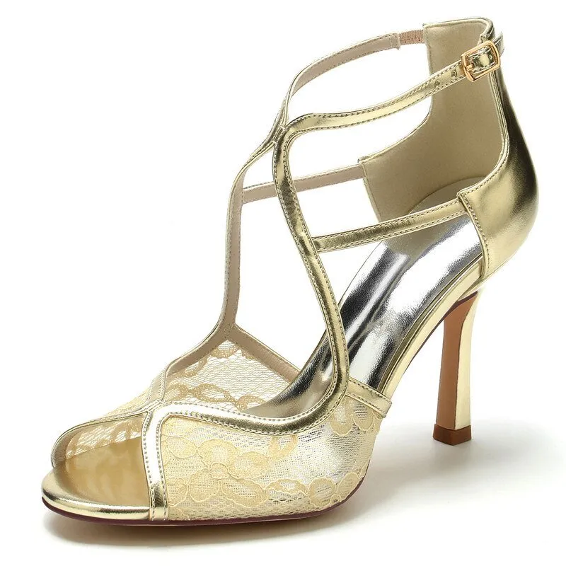 Women Open Toe Buckle Strap Lace Patent Leather Sandal