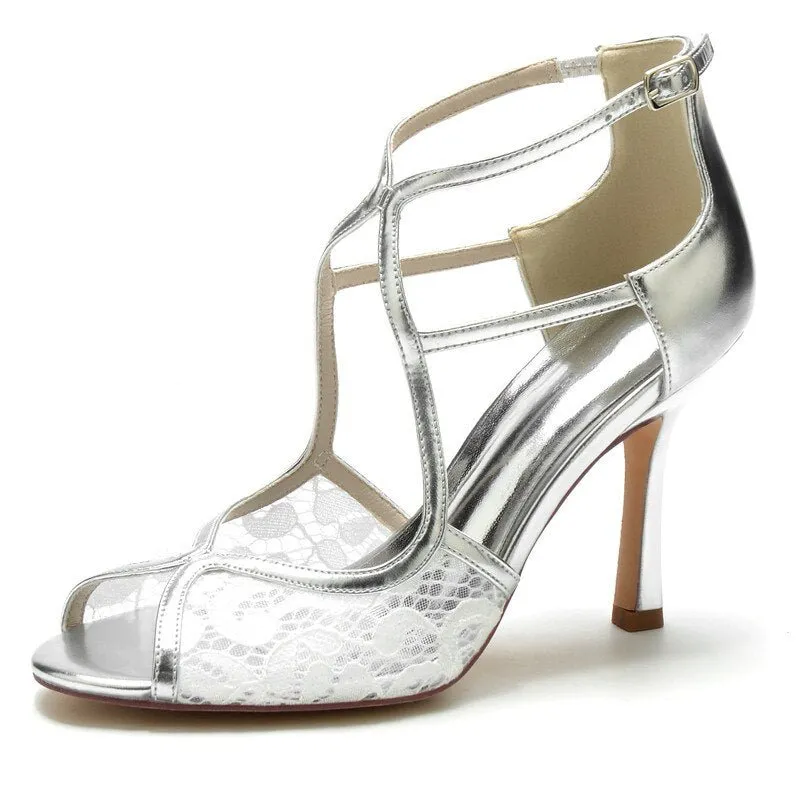 Women Open Toe Buckle Strap Lace Patent Leather Sandal