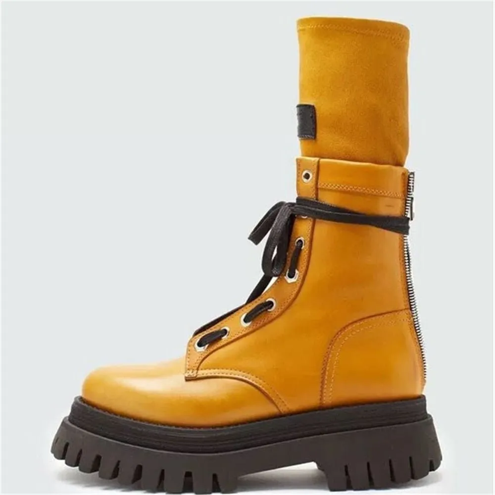Women Shoes Big Size Platform Cowhide Thick-Soled Martin Boots