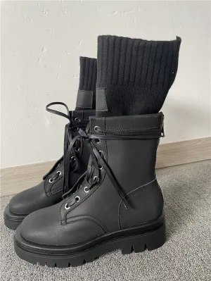 Women Shoes Big Size Platform Cowhide Thick-Soled Martin Boots