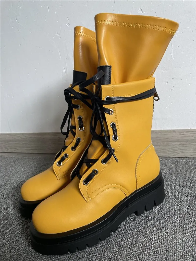 Women Shoes Big Size Platform Cowhide Thick-Soled Martin Boots
