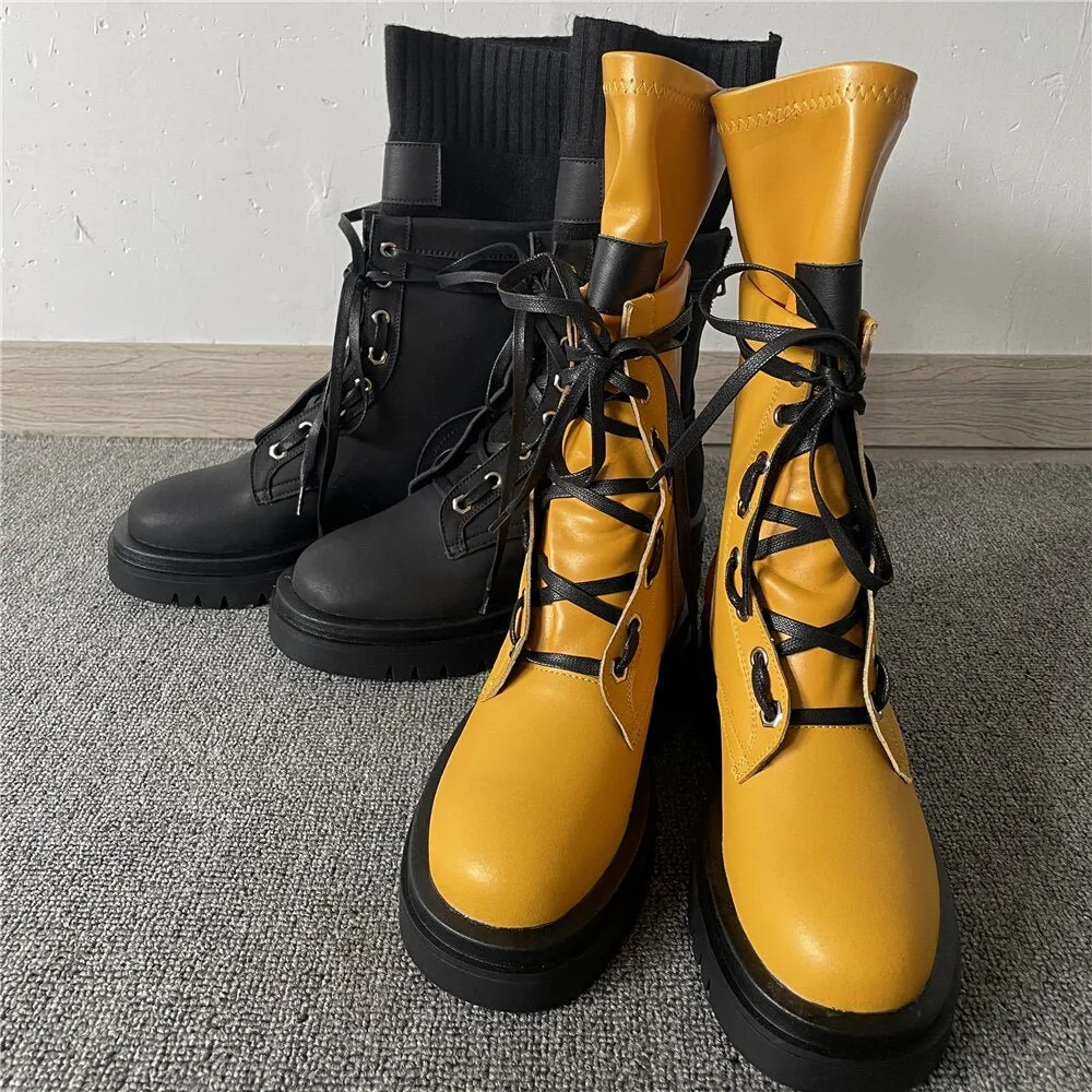 Women Shoes Big Size Platform Cowhide Thick-Soled Martin Boots