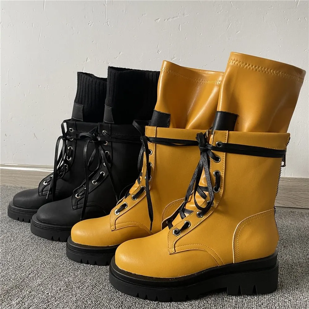 Women Shoes Big Size Platform Cowhide Thick-Soled Martin Boots